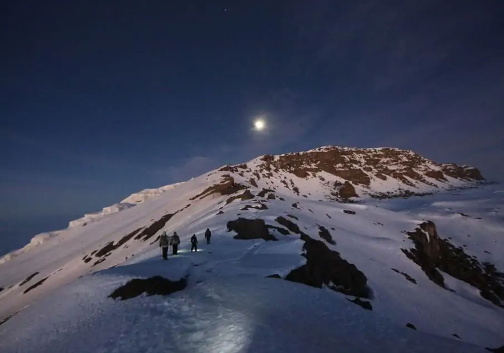 Climbers making a moonlit summit push on Kilimanjaro